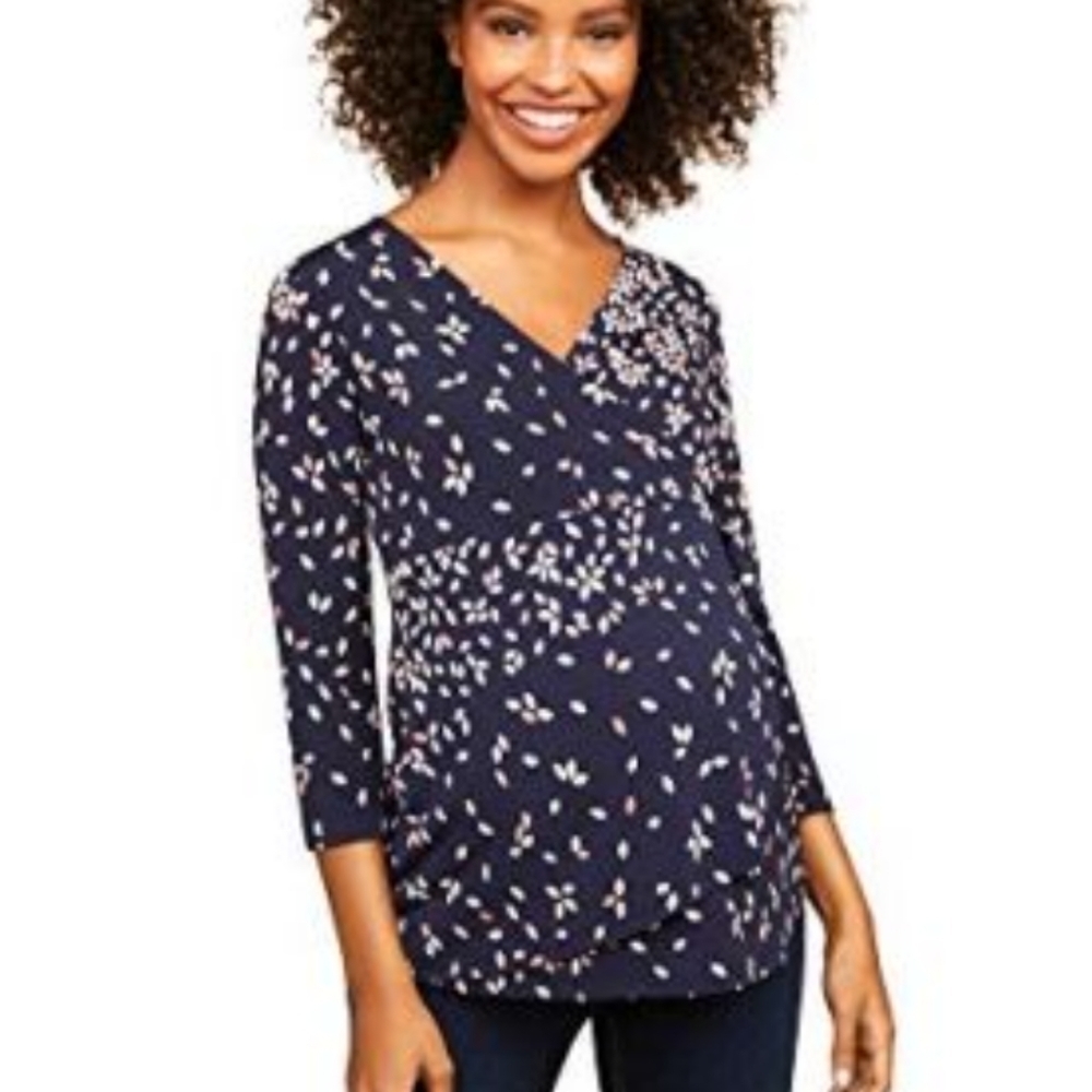 Motherhood Maternity Abstract Polka‎ Dot 3/4 Sleeve Navy Blouse Size Small